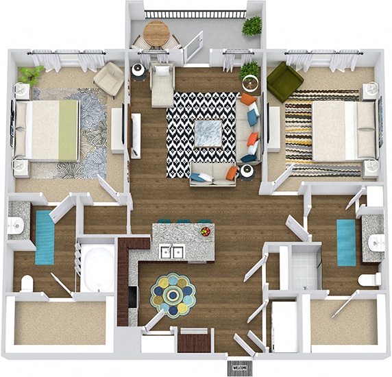 Floor plan for 2 beds, 2 baths, 1109 sqft